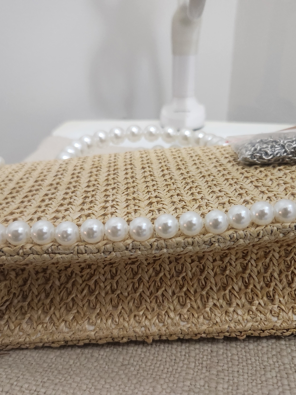 Pearl-Trim Straw Tote Bag in Cream! - Picture 7 of 8